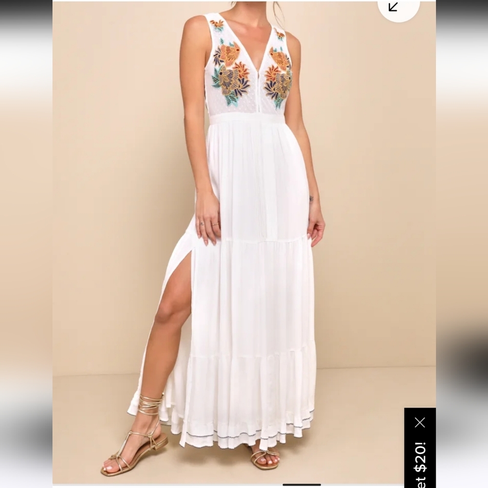 Lulus White Embroidered V-Neck Maxi Dress with Floral Accents